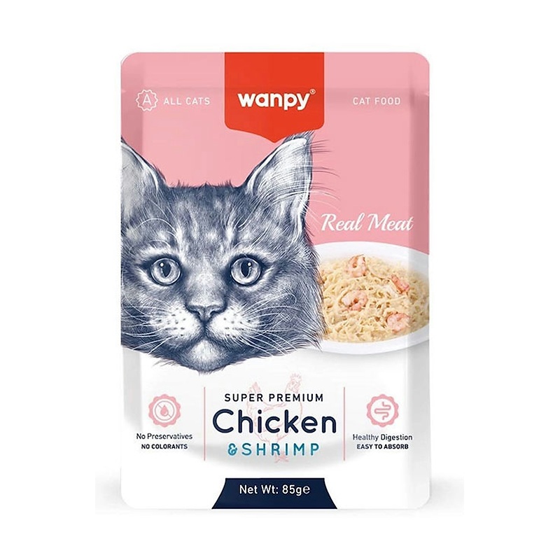 پوچ گربه ونپی با طعم مرغ و میگو  Wanpy Super Premium وزن 85 گرم