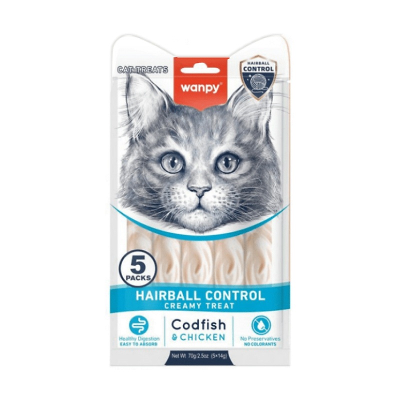 بستنی گربه ونپی ضد گلوله مویی با طعم مرغ و ماهی کاد Wanpy Hairball Control بسته 5 عددی