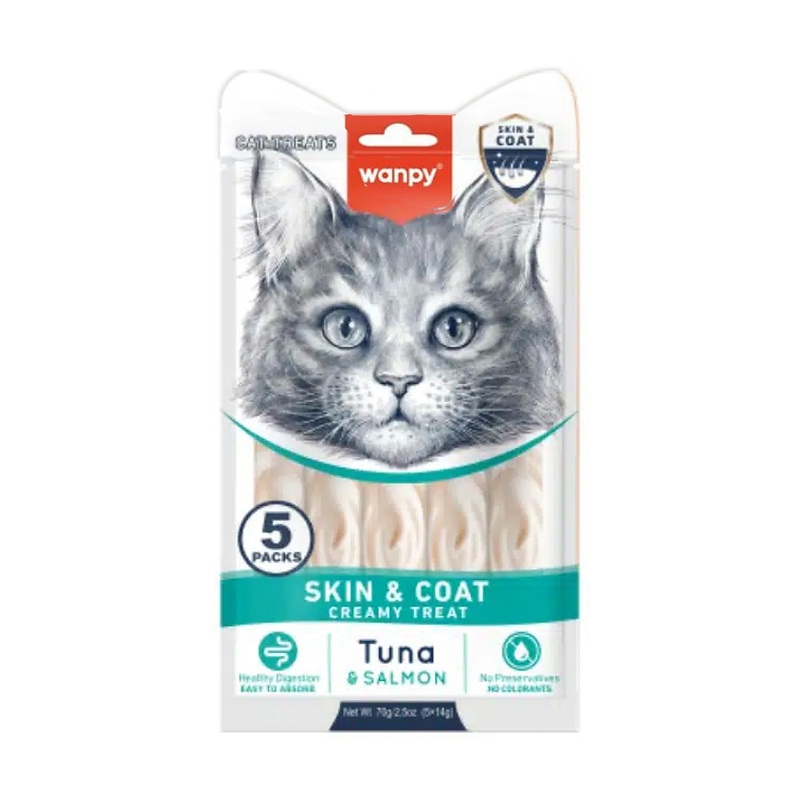 بستنی گربه ونپی حفظ سلامت پوست و مو با طعم ماهی تن و سالمون  Wanpy Skin & Coat بسته 5 عددی