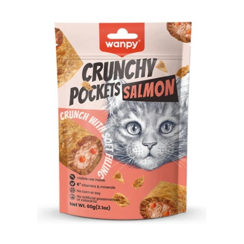 تشویقی گربه ونپی با طعم ماهی سالمون و خاویار Wanpy Crunchy Pockets وزن 60 گرم